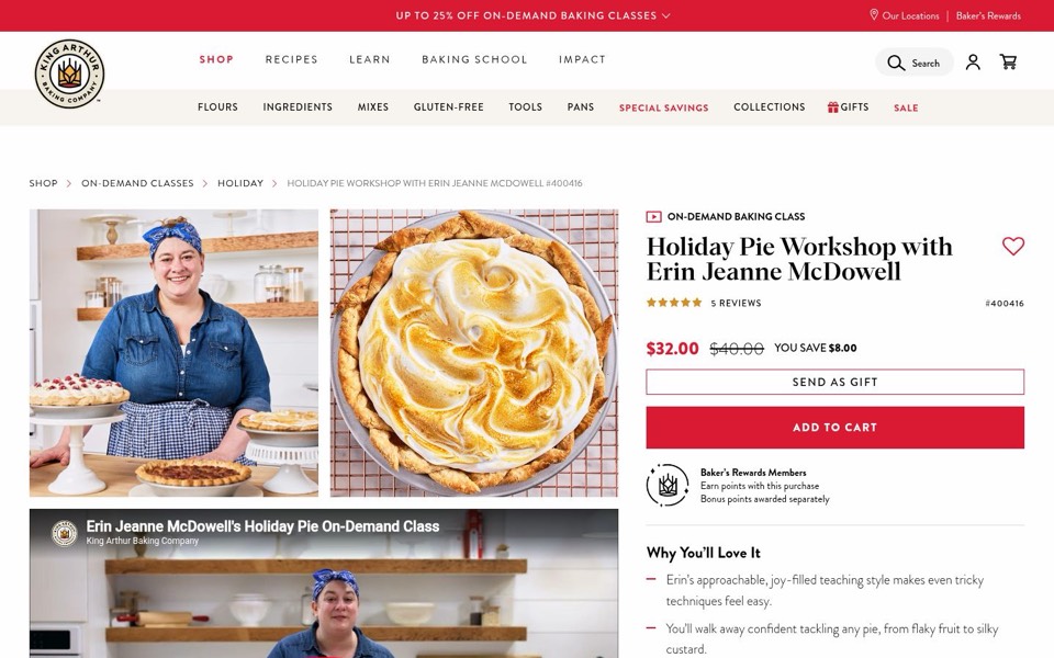 King Arthur Baking page for an on-demand pie class with instructor photo, sale price and a video preview
