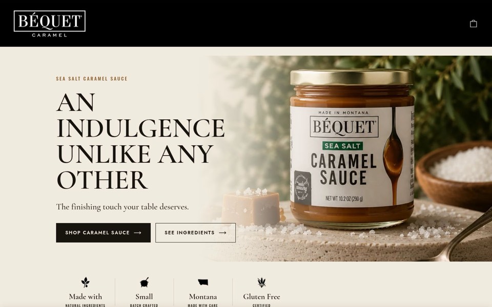 Béquet caramel sauce page with a large jar photo, a short headline, two buttons and trust icons