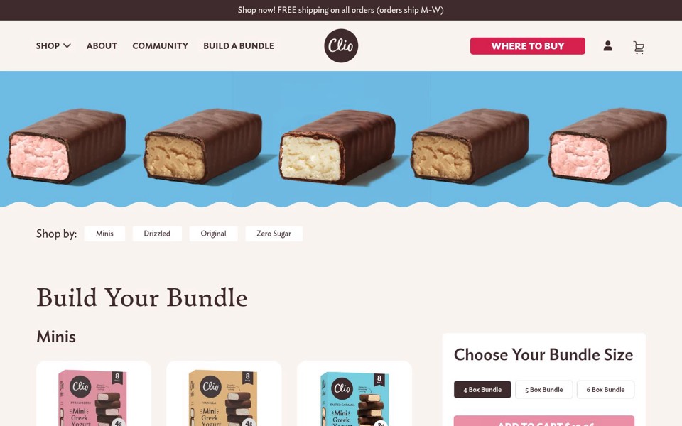 Clio bundle builder page with a banner of yogurt bars, flavor filters and a bundle size picker