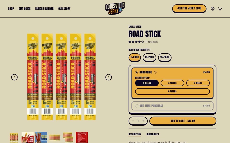 Louisville Jerky page for plant-based meat sticks with pack sizes, a subscribe box and delivery frequency buttons