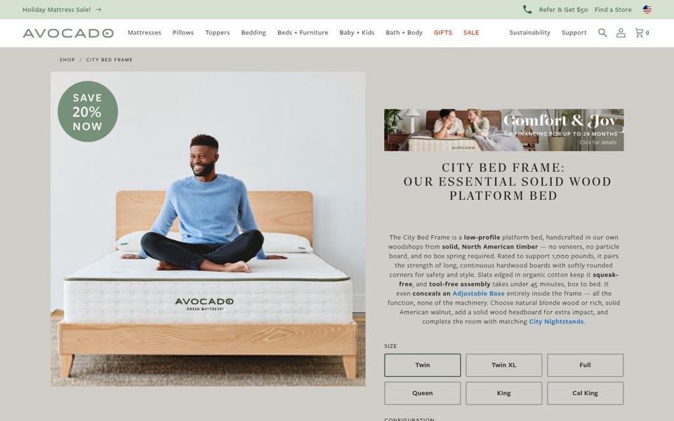 Avocado page for a solid wood platform bed with a man sitting on it, a sale badge and size buttons