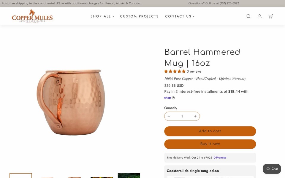 Copper Mules page for a hammered copper mug with a handcrafted tagline, price and two buy buttons
