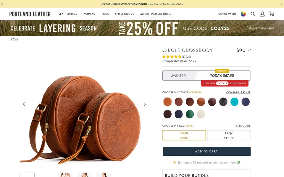 Portland Leather page for a tooled leather round crossbody bag with color swatches and two priced sizes