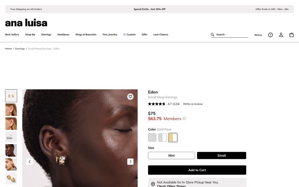 Ana Luisa earring page with an on-ear model photo, star rating, member price, color and size buttons