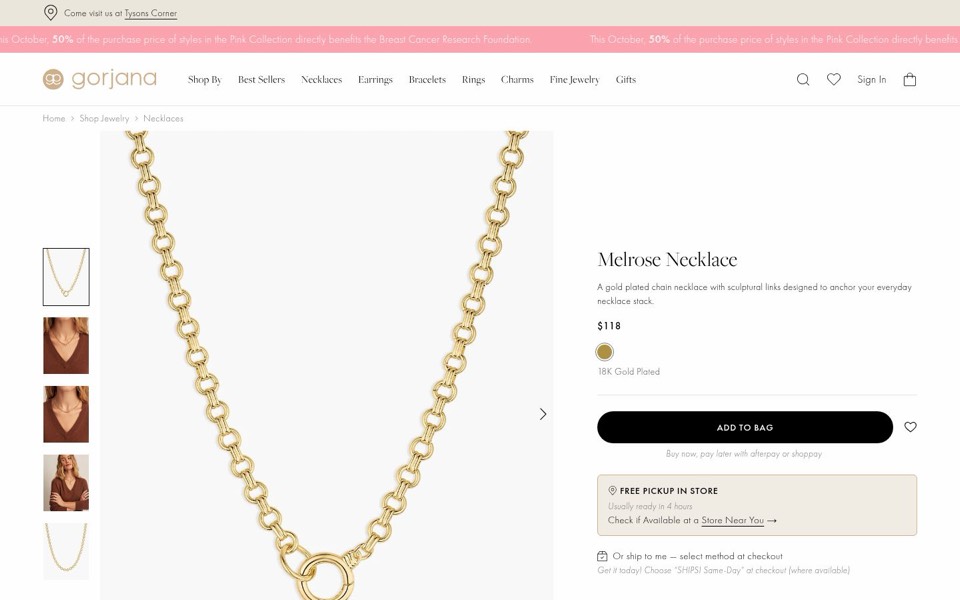 Gorjana page for a gold chain necklace with a large close-up, $118 price and an in-store pickup box