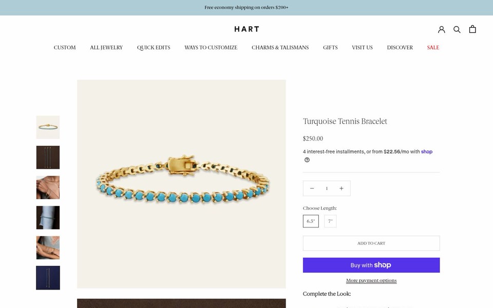 HART product page for a gold and turquoise tennis bracelet with a length selector and buy buttons