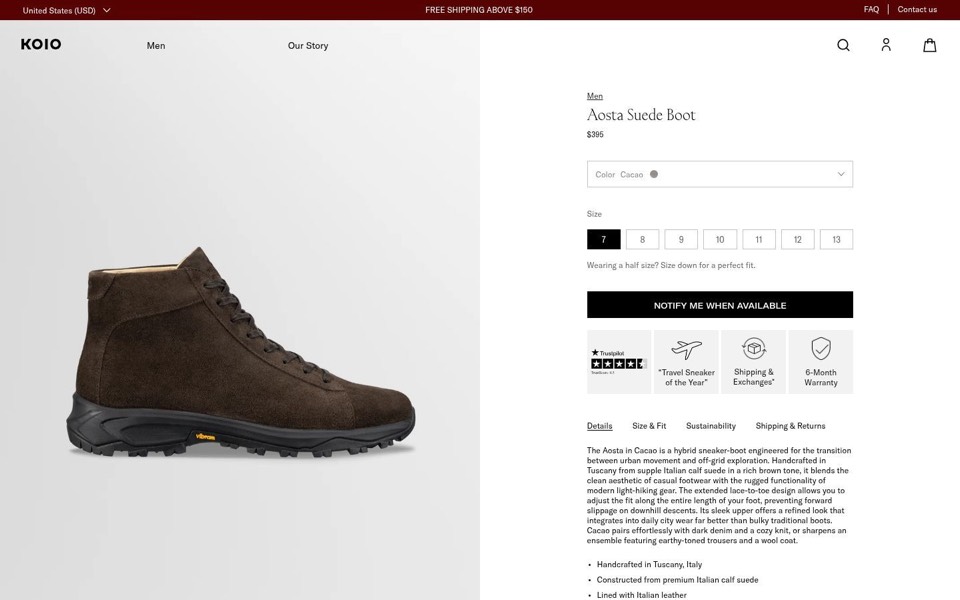 Koio page for a dark brown suede boot on a split layout with size buttons and four trust tiles