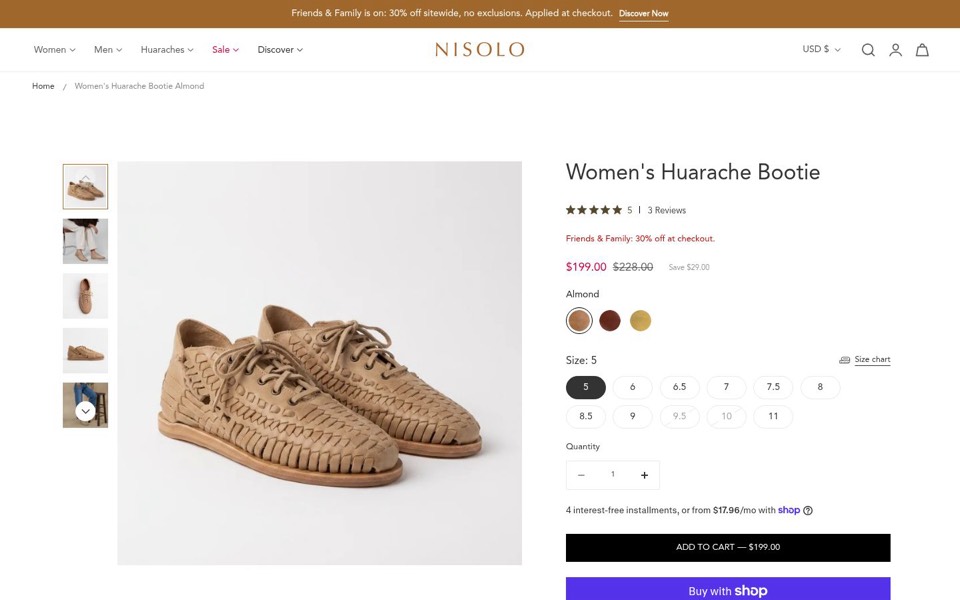 Nisolo page for a woven leather huarache bootie with sale price, three colors and a size row