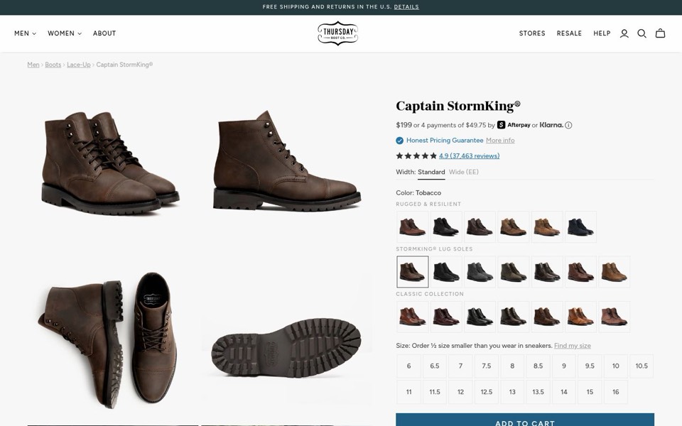 Thursday Boots page for a brown lace-up boot with four angle shots, color rows and a size grid