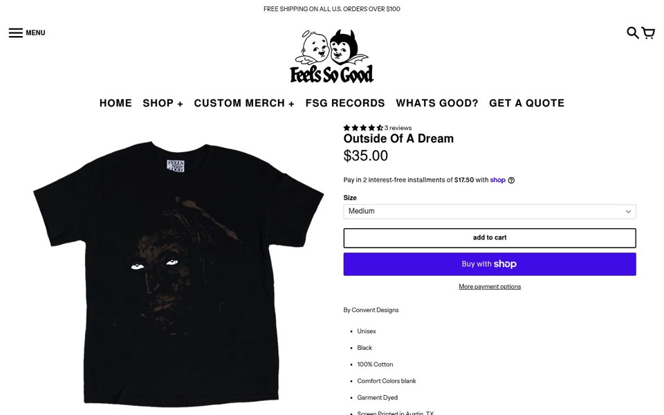 Feels So Good product page for a black graphic tee with a size dropdown, Add to cart and Shop Pay