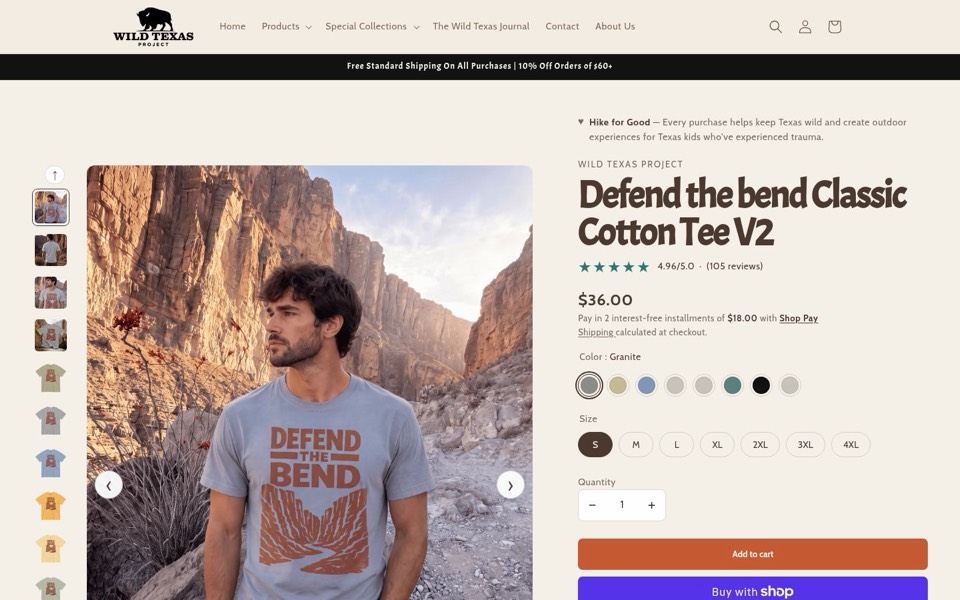 Wild Texas Project graphic tee page with a model in a canyon, review stars, eight colors and sizes to 4XL