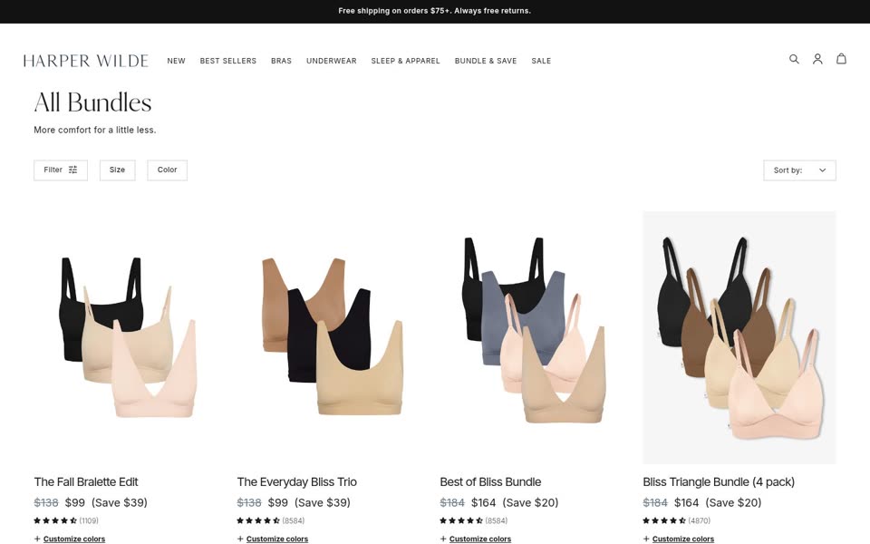 Harper Wilde bundles collection page with bra three-packs and their bundle prices
