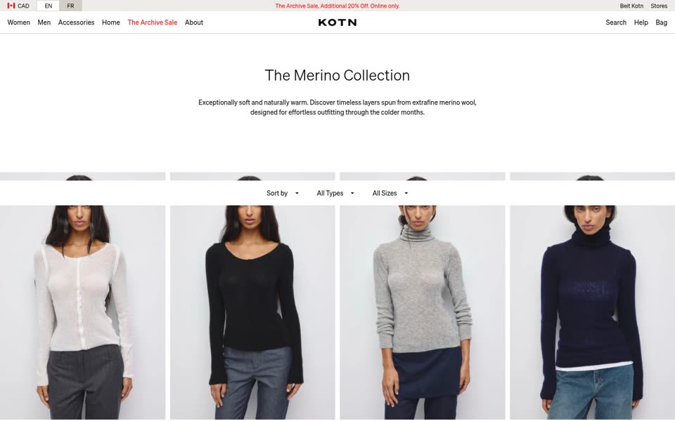 Kotn merino collection page, one of the collection pages its ads point to